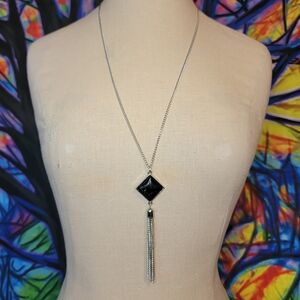 Black Stone and Tassel Pendant on Silver Tone Chain